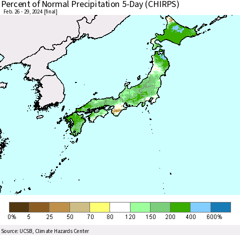 Japan Percent of Normal Precipitation 5-Day (CHIRPS) Thematic Map For 2/26/2024 - 2/29/2024