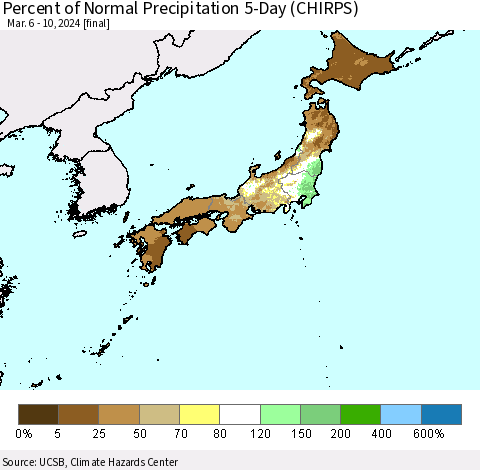 Japan Percent of Normal Precipitation 5-Day (CHIRPS) Thematic Map For 3/6/2024 - 3/10/2024
