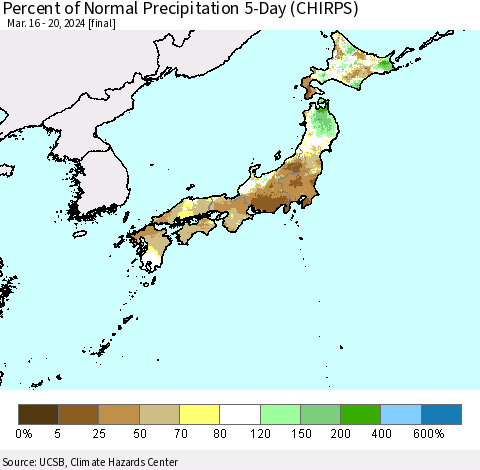Japan Percent of Normal Precipitation 5-Day (CHIRPS) Thematic Map For 3/16/2024 - 3/20/2024