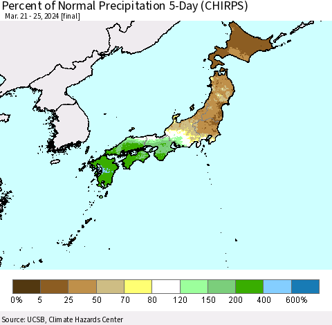 Japan Percent of Normal Precipitation 5-Day (CHIRPS) Thematic Map For 3/21/2024 - 3/25/2024