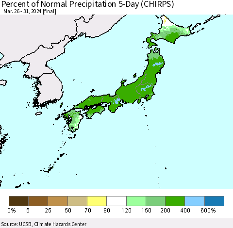 Japan Percent of Normal Precipitation 5-Day (CHIRPS) Thematic Map For 3/26/2024 - 3/31/2024