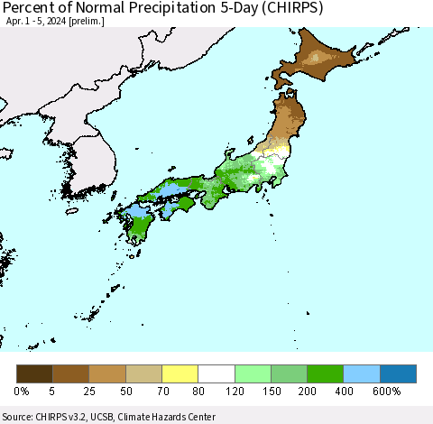 Japan Percent of Normal Precipitation 5-Day (CHIRPS) Thematic Map For 4/1/2024 - 4/5/2024