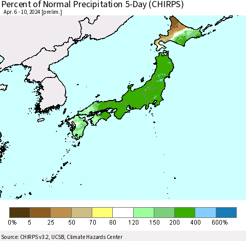 Japan Percent of Normal Precipitation 5-Day (CHIRPS) Thematic Map For 4/6/2024 - 4/10/2024