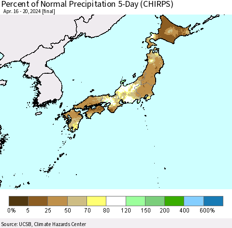 Japan Percent of Normal Precipitation 5-Day (CHIRPS) Thematic Map For 4/16/2024 - 4/20/2024