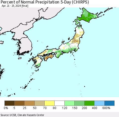 Japan Percent of Normal Precipitation 5-Day (CHIRPS) Thematic Map For 4/21/2024 - 4/25/2024