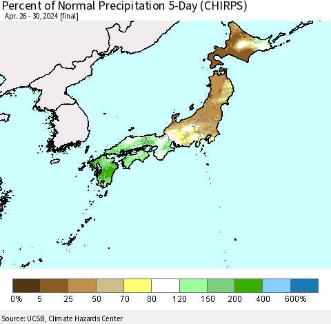 Japan Percent of Normal Precipitation 5-Day (CHIRPS) Thematic Map For 4/26/2024 - 4/30/2024