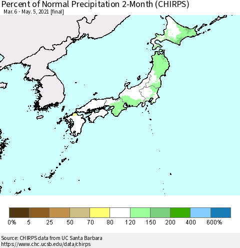 Japan Percent of Normal Precipitation 2-Month (CHIRPS) Thematic Map For 3/6/2021 - 5/5/2021