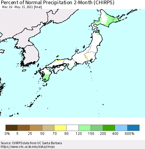 Japan Percent of Normal Precipitation 2-Month (CHIRPS) Thematic Map For 3/16/2021 - 5/15/2021