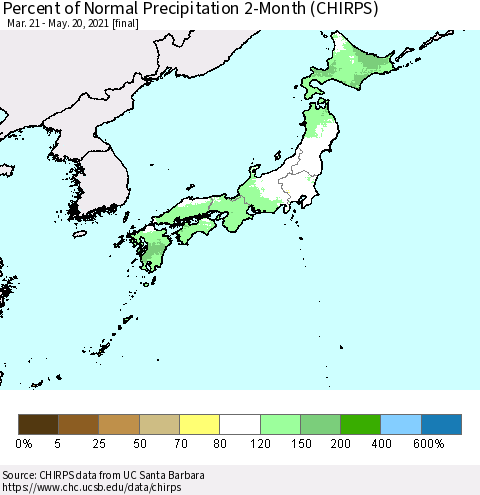 Japan Percent of Normal Precipitation 2-Month (CHIRPS) Thematic Map For 3/21/2021 - 5/20/2021
