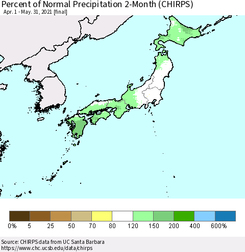 Japan Percent of Normal Precipitation 2-Month (CHIRPS) Thematic Map For 4/1/2021 - 5/31/2021
