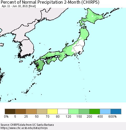 Japan Percent of Normal Precipitation 2-Month (CHIRPS) Thematic Map For 4/11/2021 - 6/10/2021