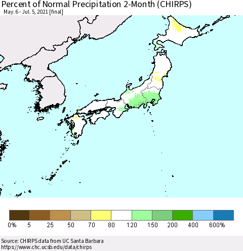 Japan Percent of Normal Precipitation 2-Month (CHIRPS) Thematic Map For 5/6/2021 - 7/5/2021