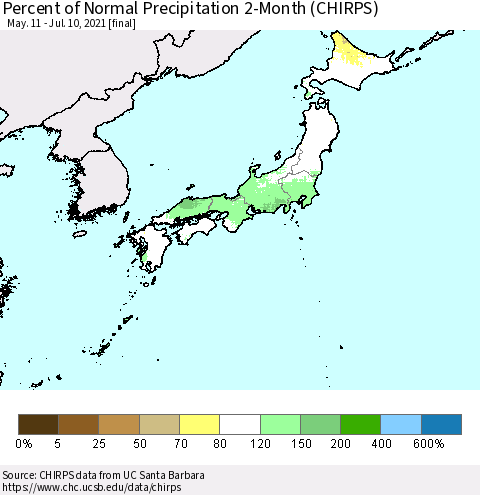 Japan Percent of Normal Precipitation 2-Month (CHIRPS) Thematic Map For 5/11/2021 - 7/10/2021