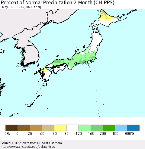 Japan Percent of Normal Precipitation 2-Month (CHIRPS) Thematic Map For 5/16/2021 - 7/15/2021