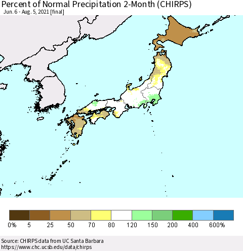 Japan Percent of Normal Precipitation 2-Month (CHIRPS) Thematic Map For 6/6/2021 - 8/5/2021