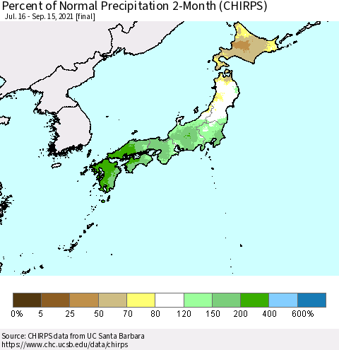 Japan Percent of Normal Precipitation 2-Month (CHIRPS) Thematic Map For 7/16/2021 - 9/15/2021