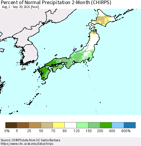 Japan Percent of Normal Precipitation 2-Month (CHIRPS) Thematic Map For 8/1/2021 - 9/30/2021