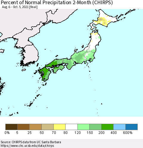 Japan Percent of Normal Precipitation 2-Month (CHIRPS) Thematic Map For 8/6/2021 - 10/5/2021