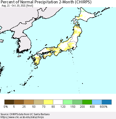 Japan Percent of Normal Precipitation 2-Month (CHIRPS) Thematic Map For 8/21/2021 - 10/20/2021