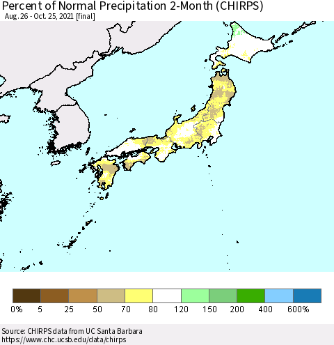 Japan Percent of Normal Precipitation 2-Month (CHIRPS) Thematic Map For 8/26/2021 - 10/25/2021