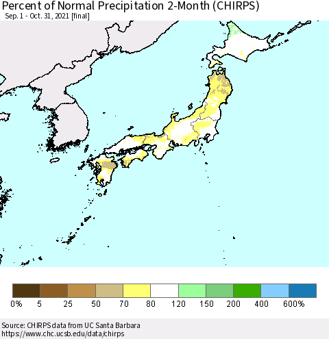 Japan Percent of Normal Precipitation 2-Month (CHIRPS) Thematic Map For 9/1/2021 - 10/31/2021