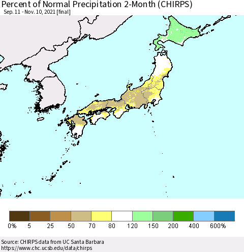 Japan Percent of Normal Precipitation 2-Month (CHIRPS) Thematic Map For 9/11/2021 - 11/10/2021