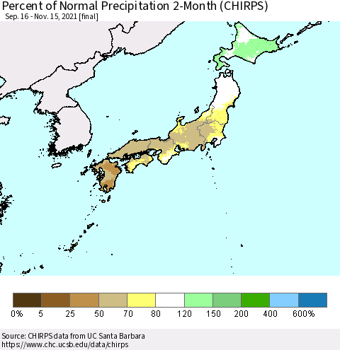 Japan Percent of Normal Precipitation 2-Month (CHIRPS) Thematic Map For 9/16/2021 - 11/15/2021