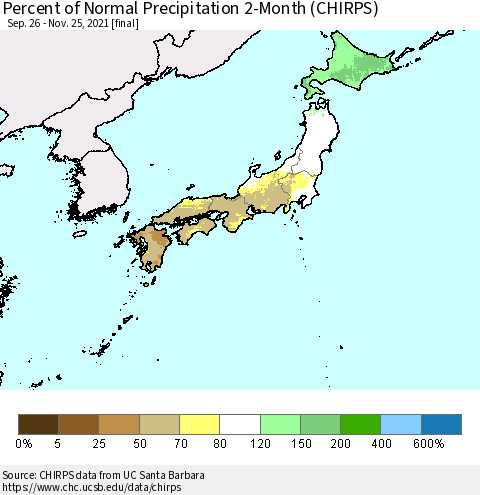 Japan Percent of Normal Precipitation 2-Month (CHIRPS) Thematic Map For 9/26/2021 - 11/25/2021