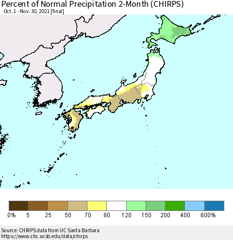 Japan Percent of Normal Precipitation 2-Month (CHIRPS) Thematic Map For 10/1/2021 - 11/30/2021