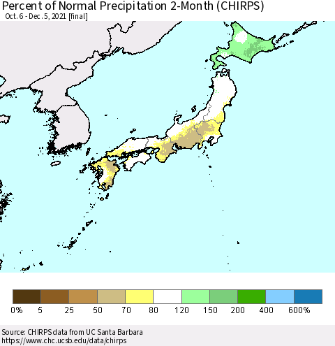 Japan Percent of Normal Precipitation 2-Month (CHIRPS) Thematic Map For 10/6/2021 - 12/5/2021