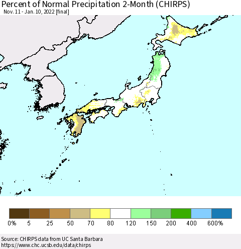 Japan Percent of Normal Precipitation 2-Month (CHIRPS) Thematic Map For 11/11/2021 - 1/10/2022
