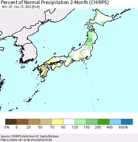 Japan Percent of Normal Precipitation 2-Month (CHIRPS) Thematic Map For 11/16/2021 - 1/15/2022