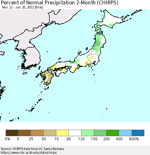 Japan Percent of Normal Precipitation 2-Month (CHIRPS) Thematic Map For 11/21/2021 - 1/20/2022