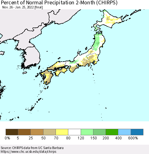 Japan Percent of Normal Precipitation 2-Month (CHIRPS) Thematic Map For 11/26/2021 - 1/25/2022