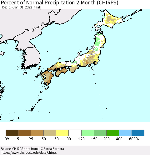 Japan Percent of Normal Precipitation 2-Month (CHIRPS) Thematic Map For 12/1/2021 - 1/31/2022