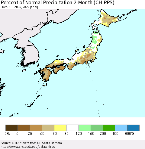 Japan Percent of Normal Precipitation 2-Month (CHIRPS) Thematic Map For 12/6/2021 - 2/5/2022