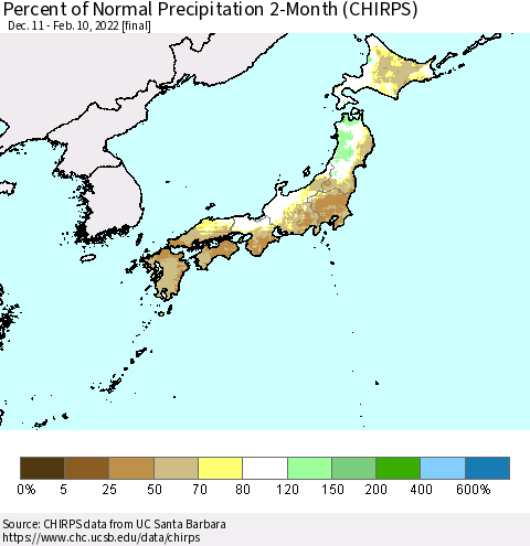 Japan Percent of Normal Precipitation 2-Month (CHIRPS) Thematic Map For 12/11/2021 - 2/10/2022