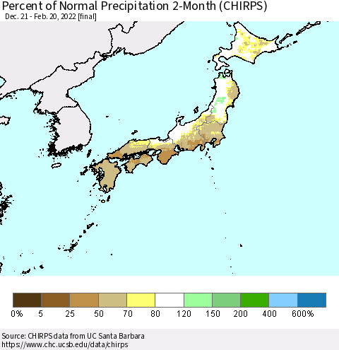 Japan Percent of Normal Precipitation 2-Month (CHIRPS) Thematic Map For 12/21/2021 - 2/20/2022