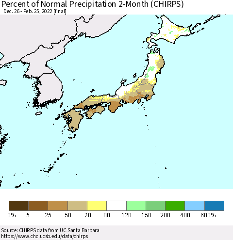 Japan Percent of Normal Precipitation 2-Month (CHIRPS) Thematic Map For 12/26/2021 - 2/25/2022