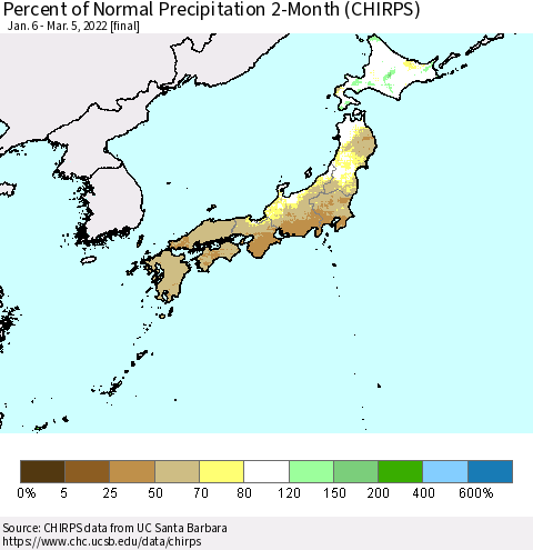 Japan Percent of Normal Precipitation 2-Month (CHIRPS) Thematic Map For 1/6/2022 - 3/5/2022