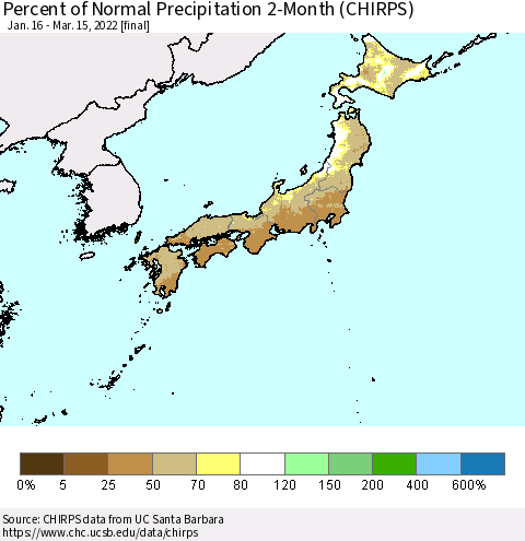Japan Percent of Normal Precipitation 2-Month (CHIRPS) Thematic Map For 1/16/2022 - 3/15/2022