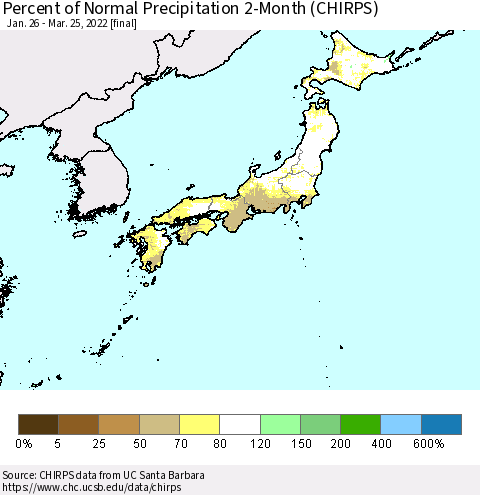 Japan Percent of Normal Precipitation 2-Month (CHIRPS) Thematic Map For 1/26/2022 - 3/25/2022