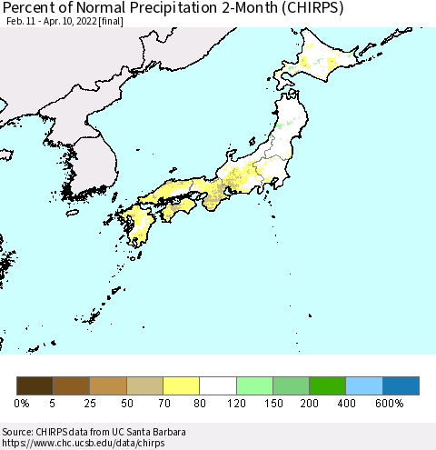 Japan Percent of Normal Precipitation 2-Month (CHIRPS) Thematic Map For 2/11/2022 - 4/10/2022