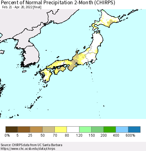 Japan Percent of Normal Precipitation 2-Month (CHIRPS) Thematic Map For 2/21/2022 - 4/20/2022