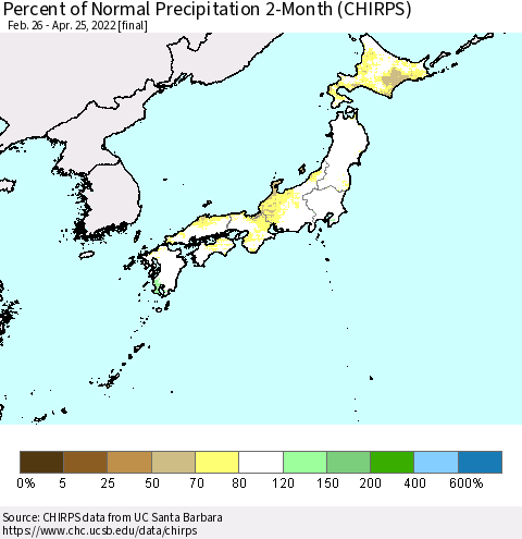 Japan Percent of Normal Precipitation 2-Month (CHIRPS) Thematic Map For 2/26/2022 - 4/25/2022