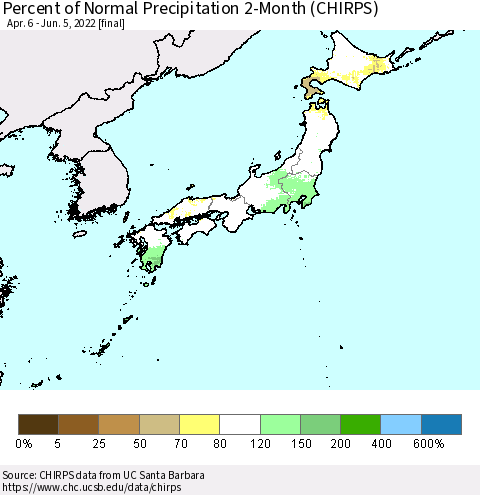 Japan Percent of Normal Precipitation 2-Month (CHIRPS) Thematic Map For 4/6/2022 - 6/5/2022