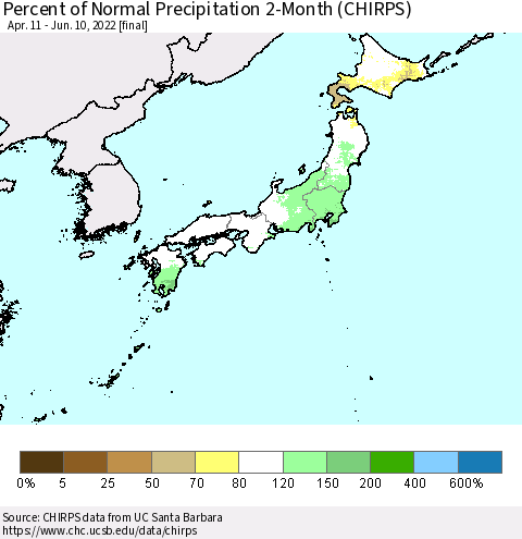 Japan Percent of Normal Precipitation 2-Month (CHIRPS) Thematic Map For 4/11/2022 - 6/10/2022