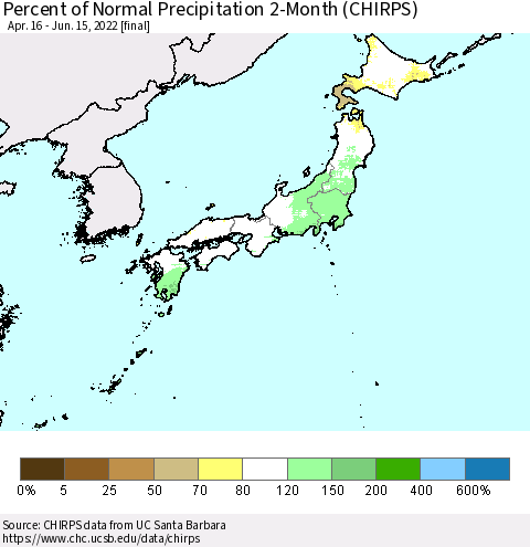 Japan Percent of Normal Precipitation 2-Month (CHIRPS) Thematic Map For 4/16/2022 - 6/15/2022