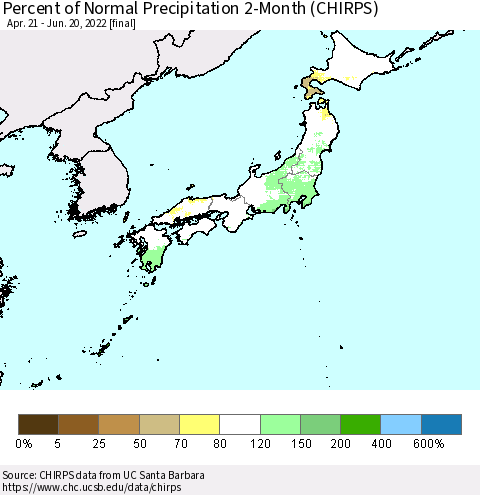 Japan Percent of Normal Precipitation 2-Month (CHIRPS) Thematic Map For 4/21/2022 - 6/20/2022