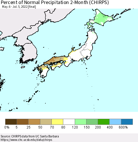 Japan Percent of Normal Precipitation 2-Month (CHIRPS) Thematic Map For 5/6/2022 - 7/5/2022